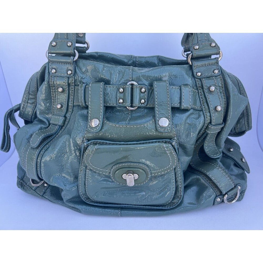 RARE VTG Y2K Lockheart shoulder teal blue patent leather bag large with dustbag